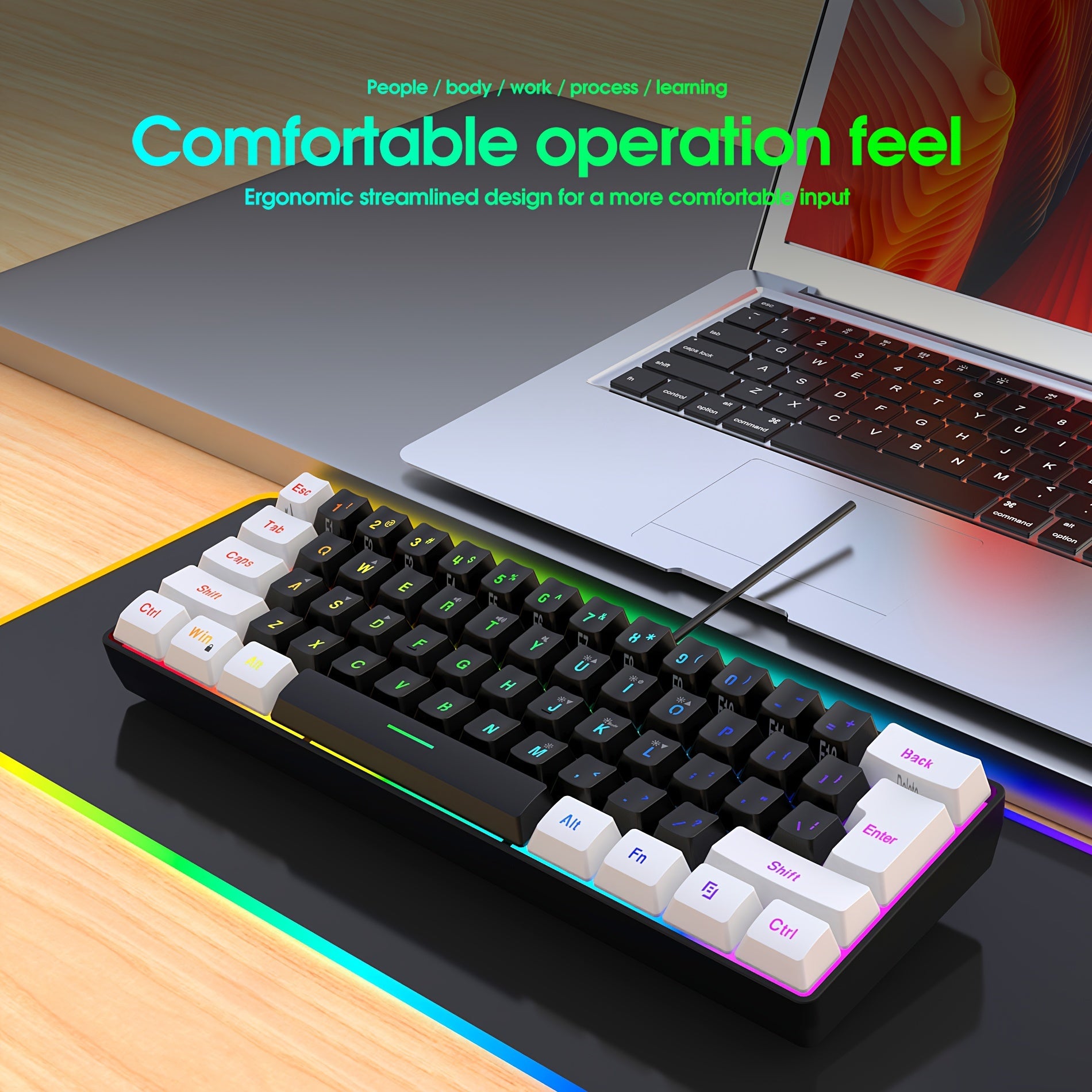 Teclado de juegos RGB mini de 60% con 61 teclas retroiluminadas, con cable USB, para PC y Mac, escritura y juegos