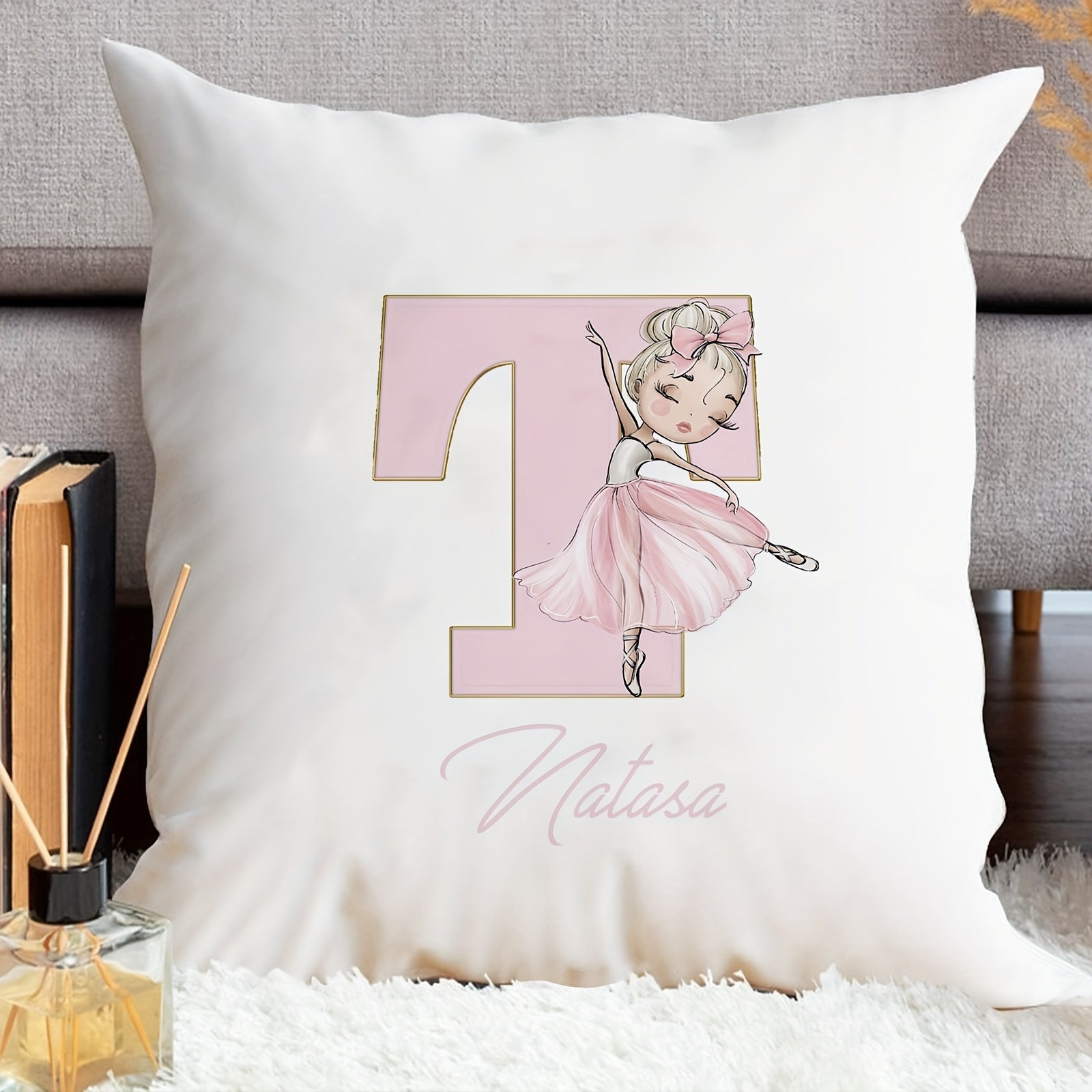 Shaxsiylashtirilgan samoviy yostiq qopqog'i, balet qiz dizayni bilan, pushti harflar, divan uchun dekor, bitta tomonli bosma