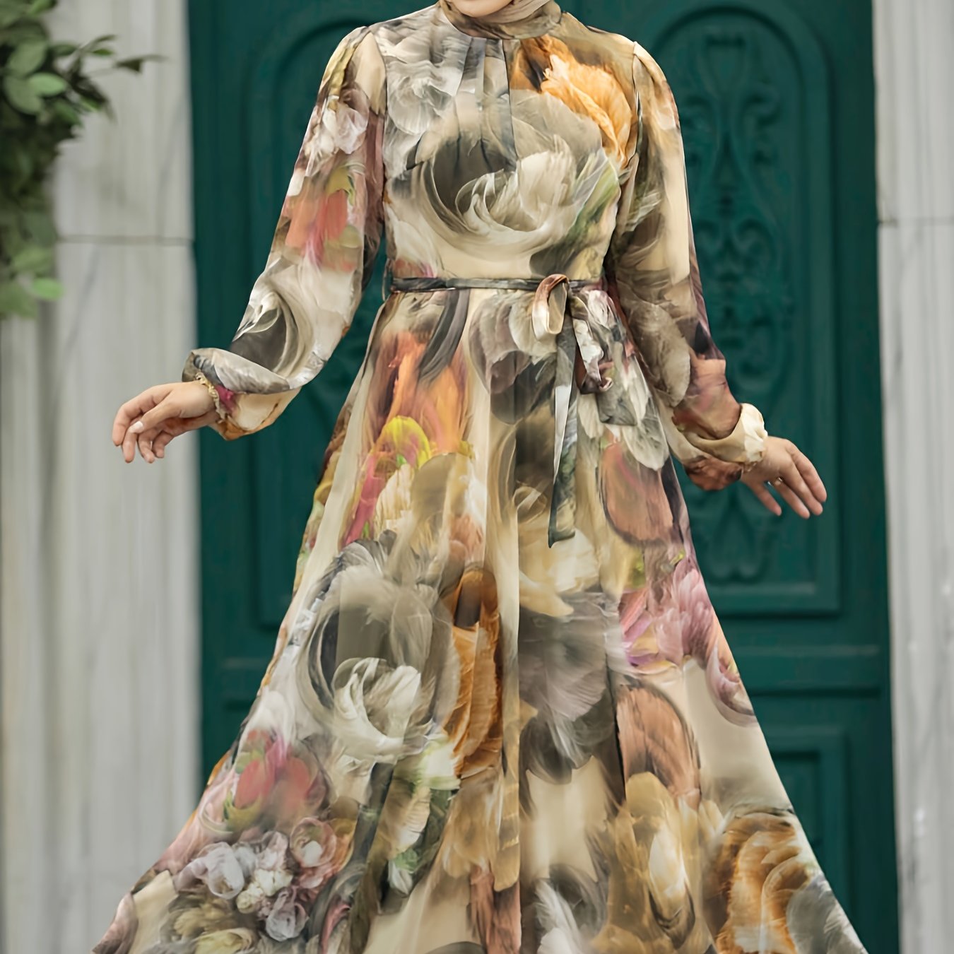 Women's Floral Print Tie-Waist A-Line Dress Long Sleeve Crew Neck for Spring Summer