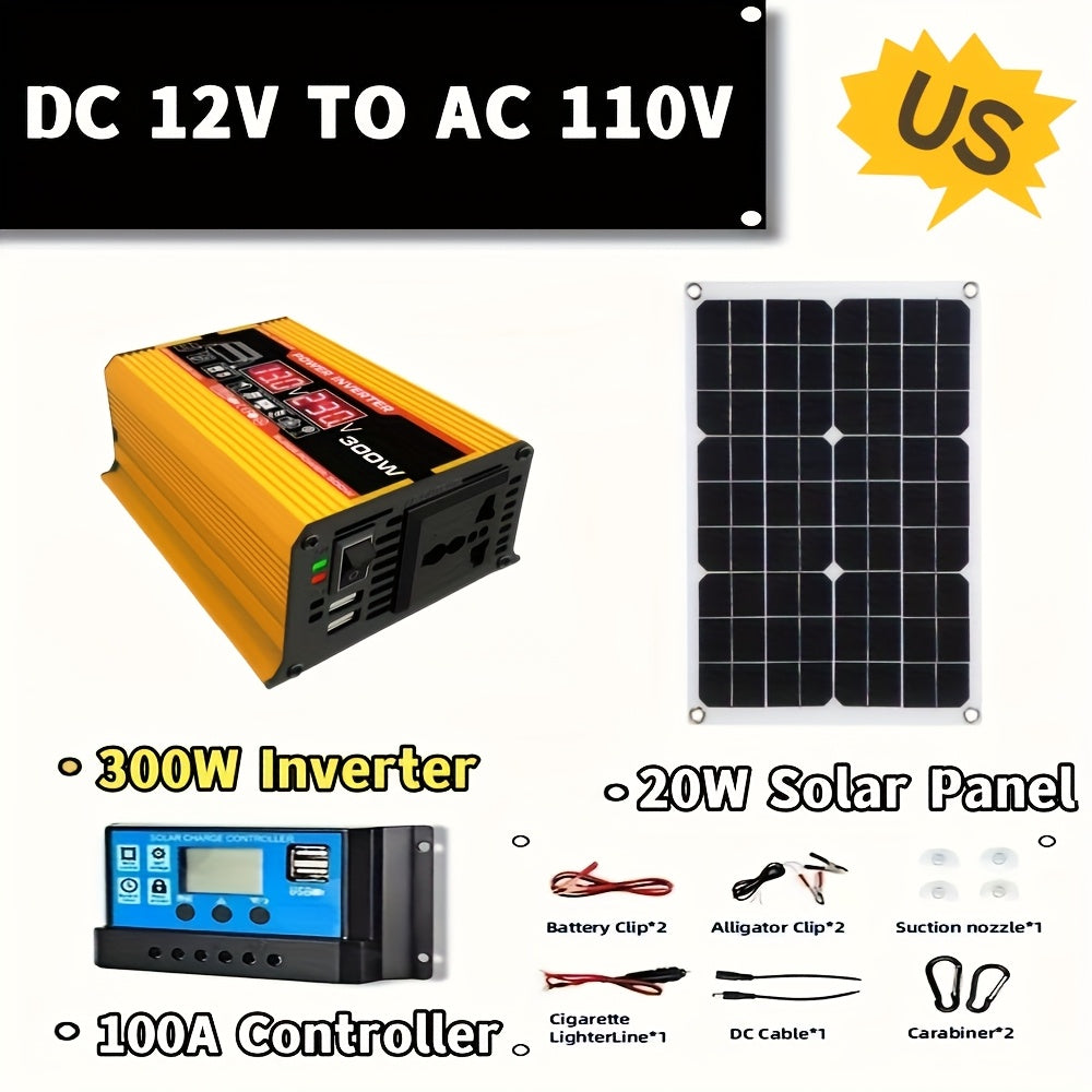 300W Monocrystalline Solar Panel Kit with Car Inverter and 12V to 220V Smart Charging