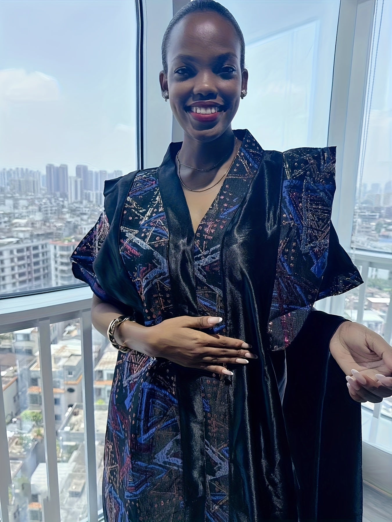 Plus Size V-Neck Jacquard Robe Traditional African Style All Seasons