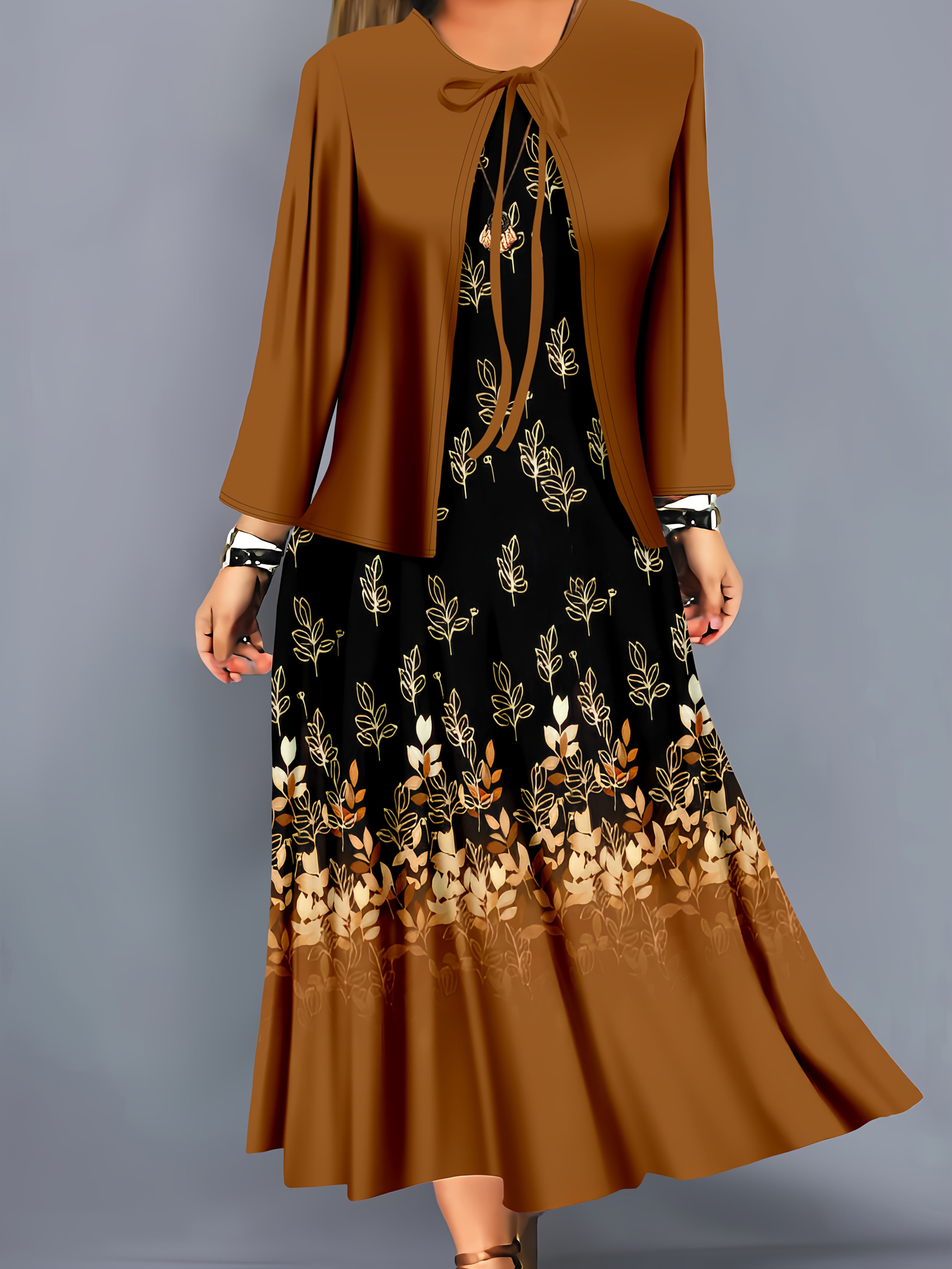 Two-Piece Set Cardigan and Floral Dress for Women Autumn Winter Elegant Knit Fabric