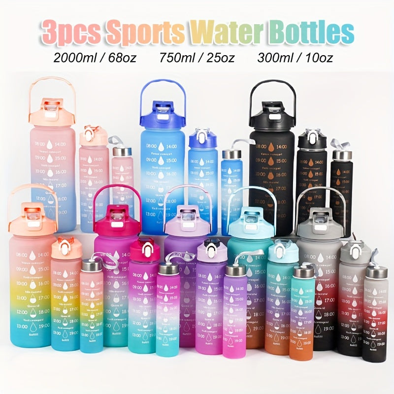 Set of 3 Sports Water Bottles with Time Marker Leakproof One-Click Open Lid for Fitness and Outdoor Activities