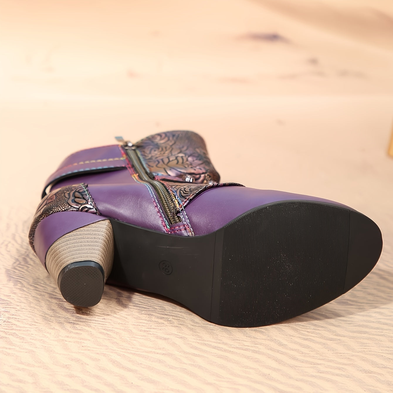 Women's Ankle Boots Leather Western Style Pointed Toe Block Heel All-Season Purple