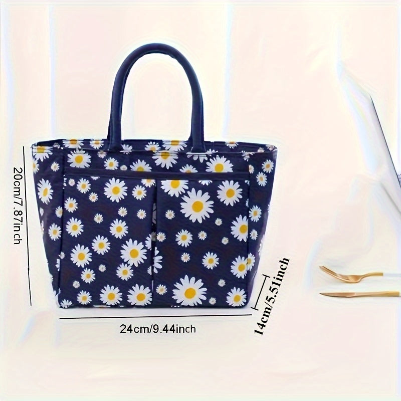 Insulated Lunch Bag with Daisy Print Eco-Friendly Oxford Fabric Large Capacity