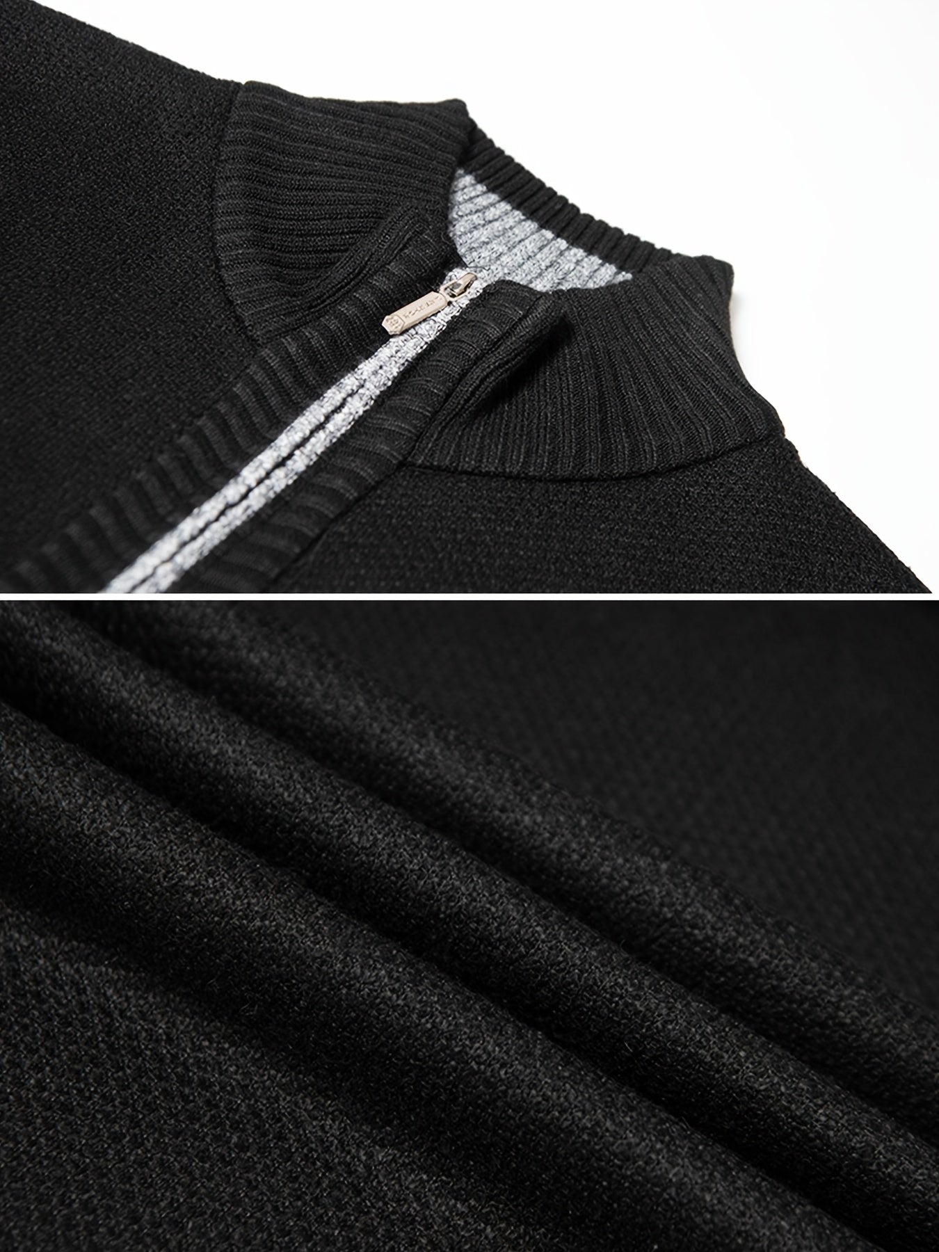 Katta o'lchamdagi erkaklar uchun krujka bo'yinli kardigan sviter 100% polyester to'qima matodan tayyorlangan. Mustahkam rang, uzun yenglar, oddiy moslik, cho'ntaklar va zipper tafsilotlari mavjud. Kuz/qish uchun ideal.