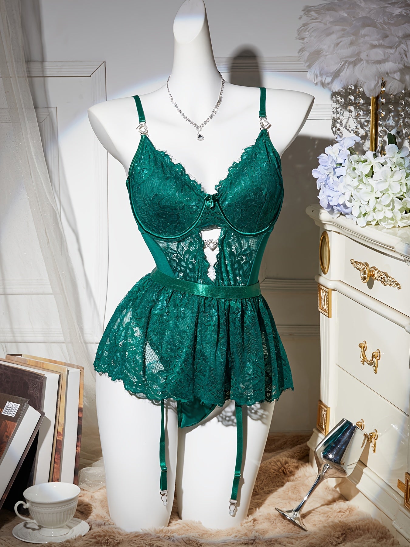 Women's Lace Teddy Bodysuit with Rhinestones and Garter Belt