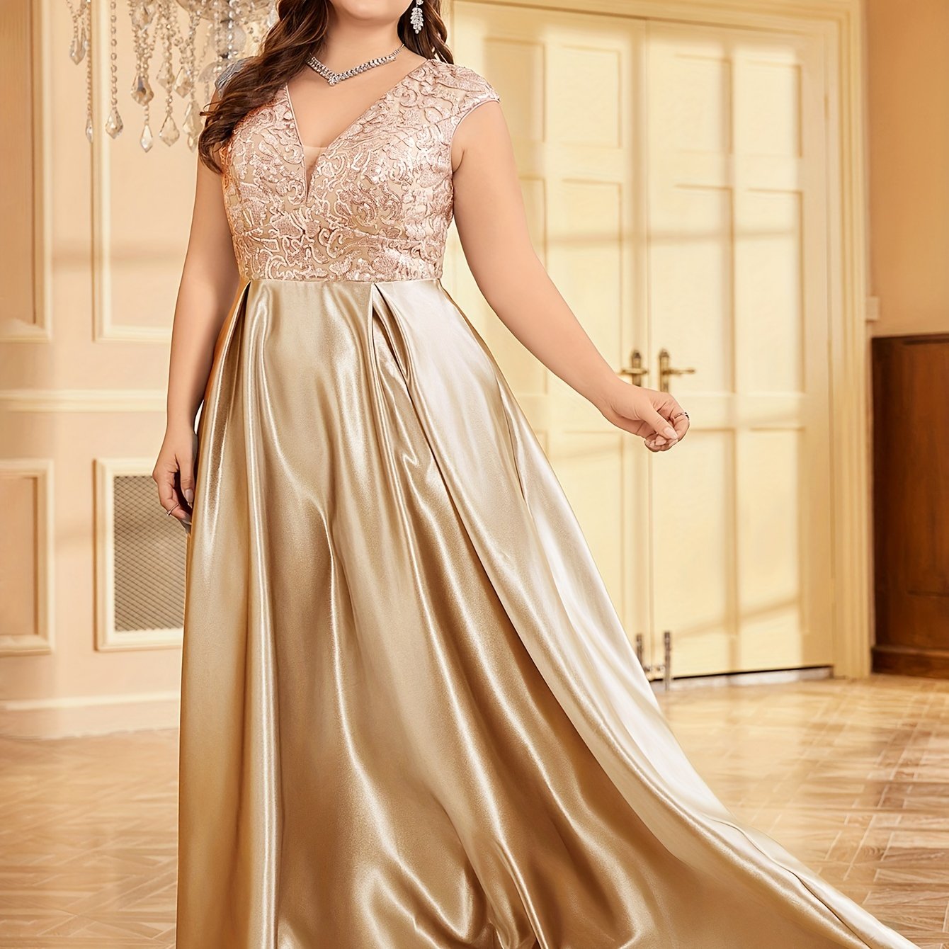 Plus Size Sequin Evening Dress Maxi Party Dress Slit Cocktail Gown
