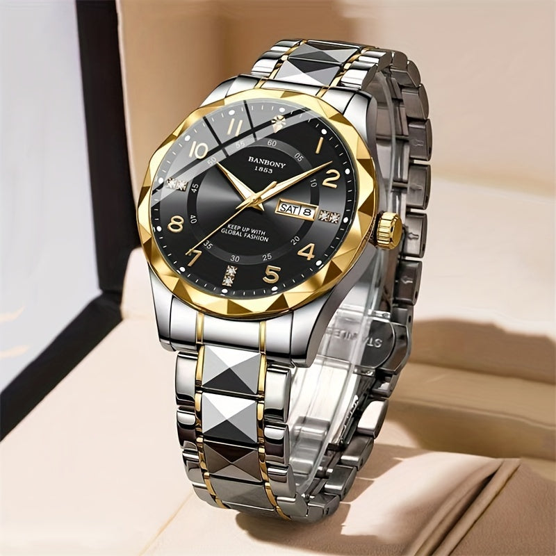 Men's Stainless Steel Quartz Watch with Roman Numeral Dial and Date Calendar