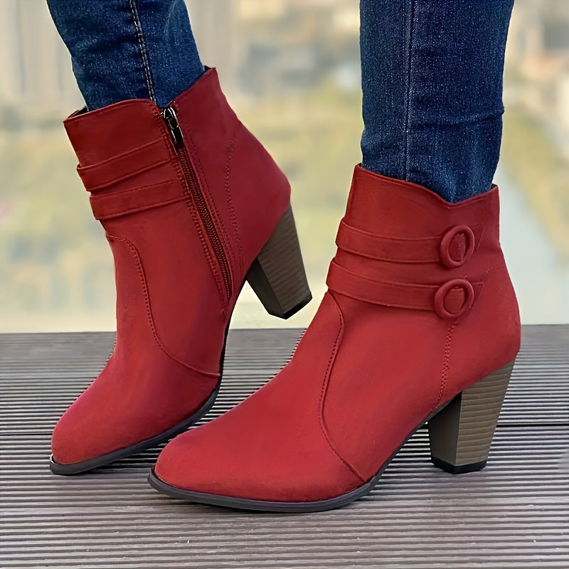 Women Red Ankle Boots with Chunky Heel Zipper Pointed Toe