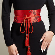 Traditional Tassel Belt with Embroidered Floral Designs and Red Waist Seal for Classic Dresses