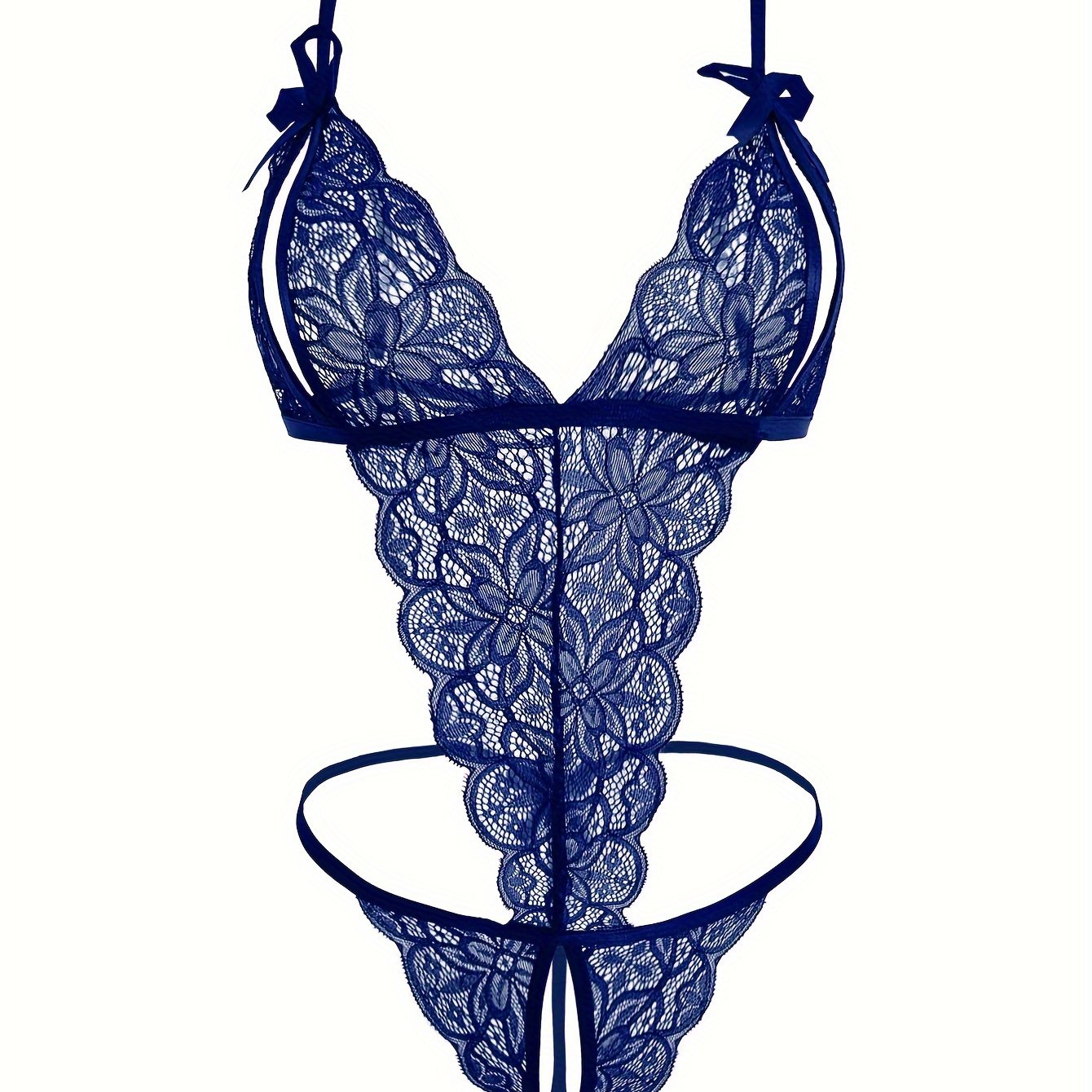 Lingerie Lace Backless Bodysuit with Open Crotch Thong and Bow