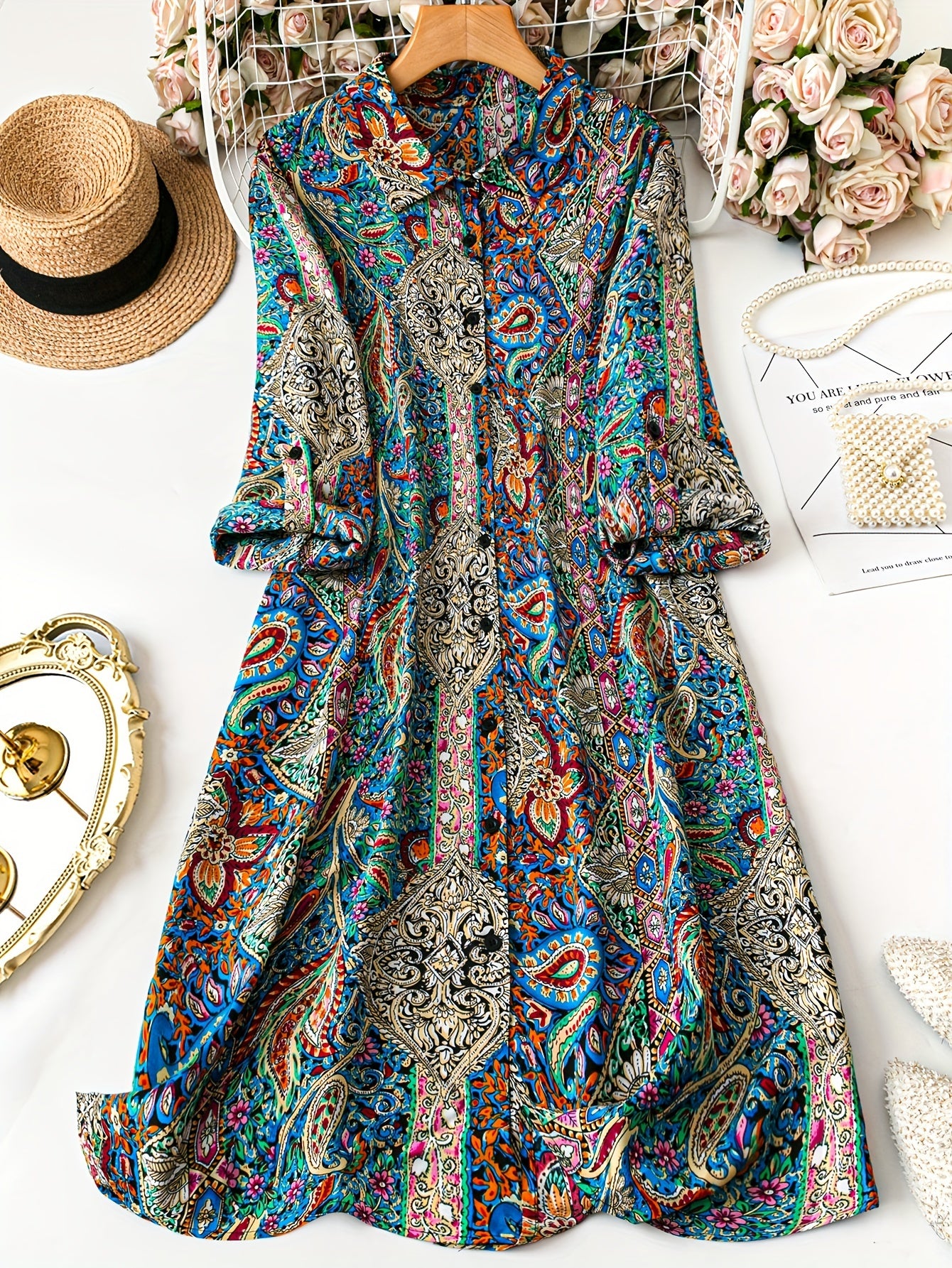 Plus Size Floral Blouse for Women Long Sleeve Button Collar Spring Fall Polyester Stretch