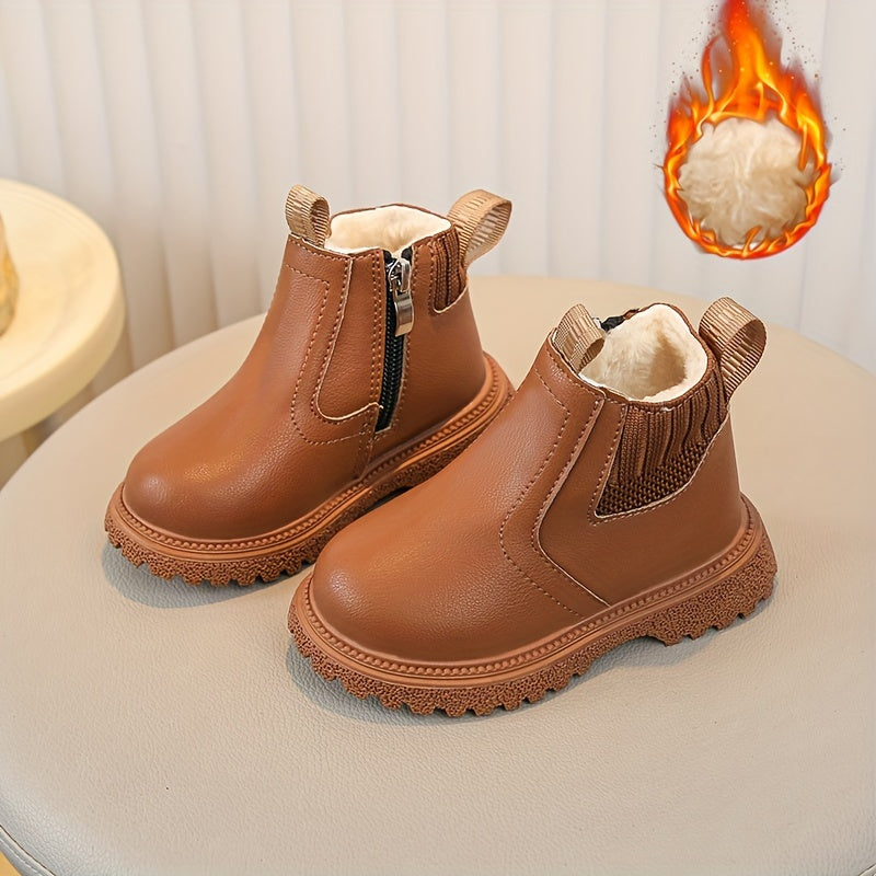 Детские ботинки с флисовой подкладкой в британском стиле, нескользящая мягкая подошва, дизайн с мультяшными персонажами и застежка на молнии.