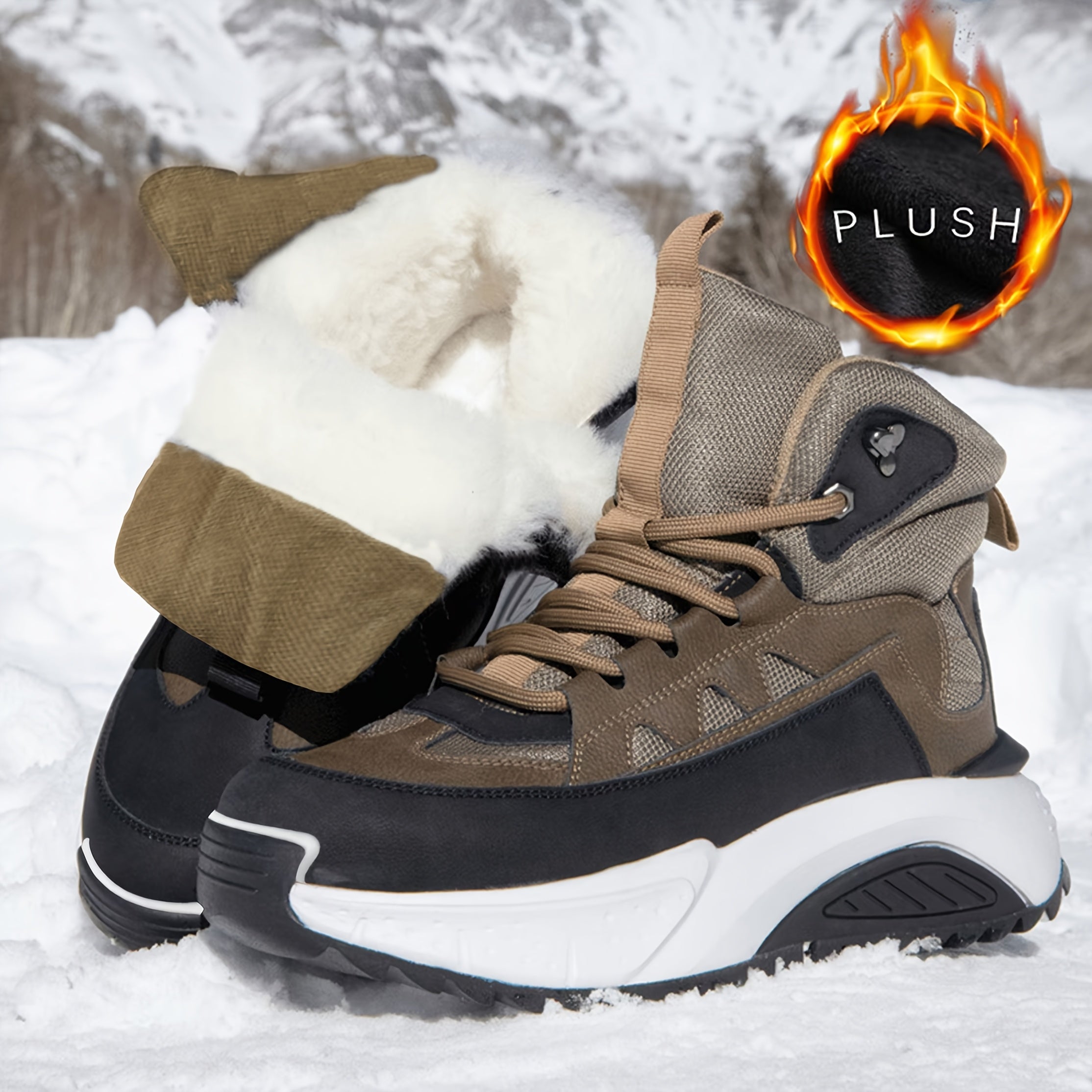 Botas de nieve vintage para hombre con parte superior de imitación, forro de felpa, casuales, de senderismo, impermeables