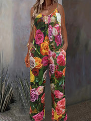 Plus Size Floral Print Sleeveless Jumpsuit With Pockets Women Casual Clothing