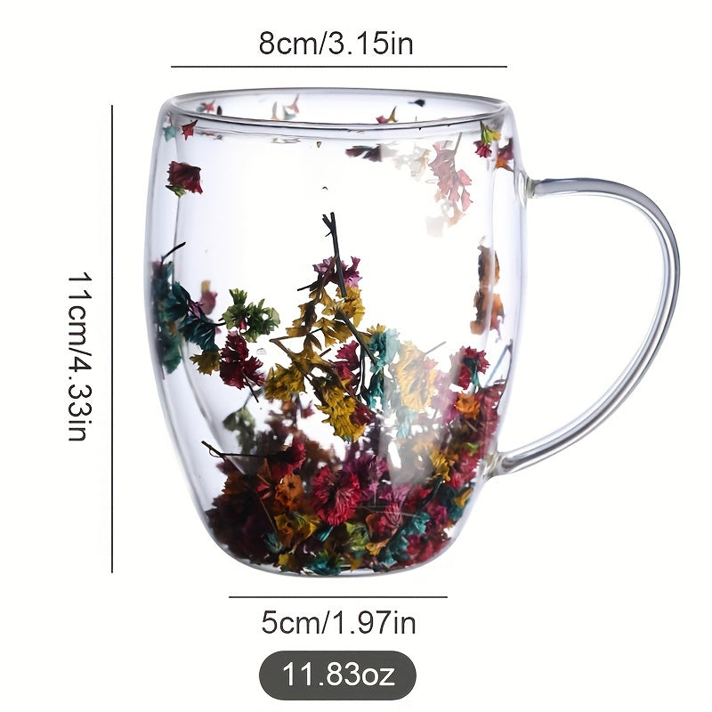 Double Layer Glass Mug with Real Flowers and Flowing Sand for Hot Drinks and Beverages