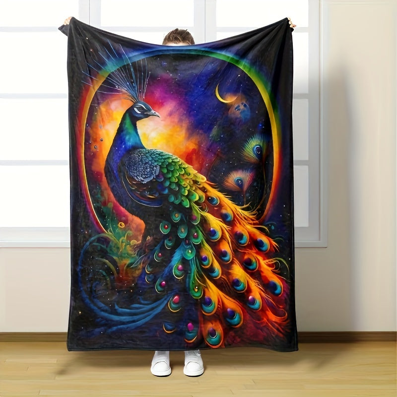 Peacock Print Flannel Blanket Soft Cozy Throw for Home Office Camping Travel