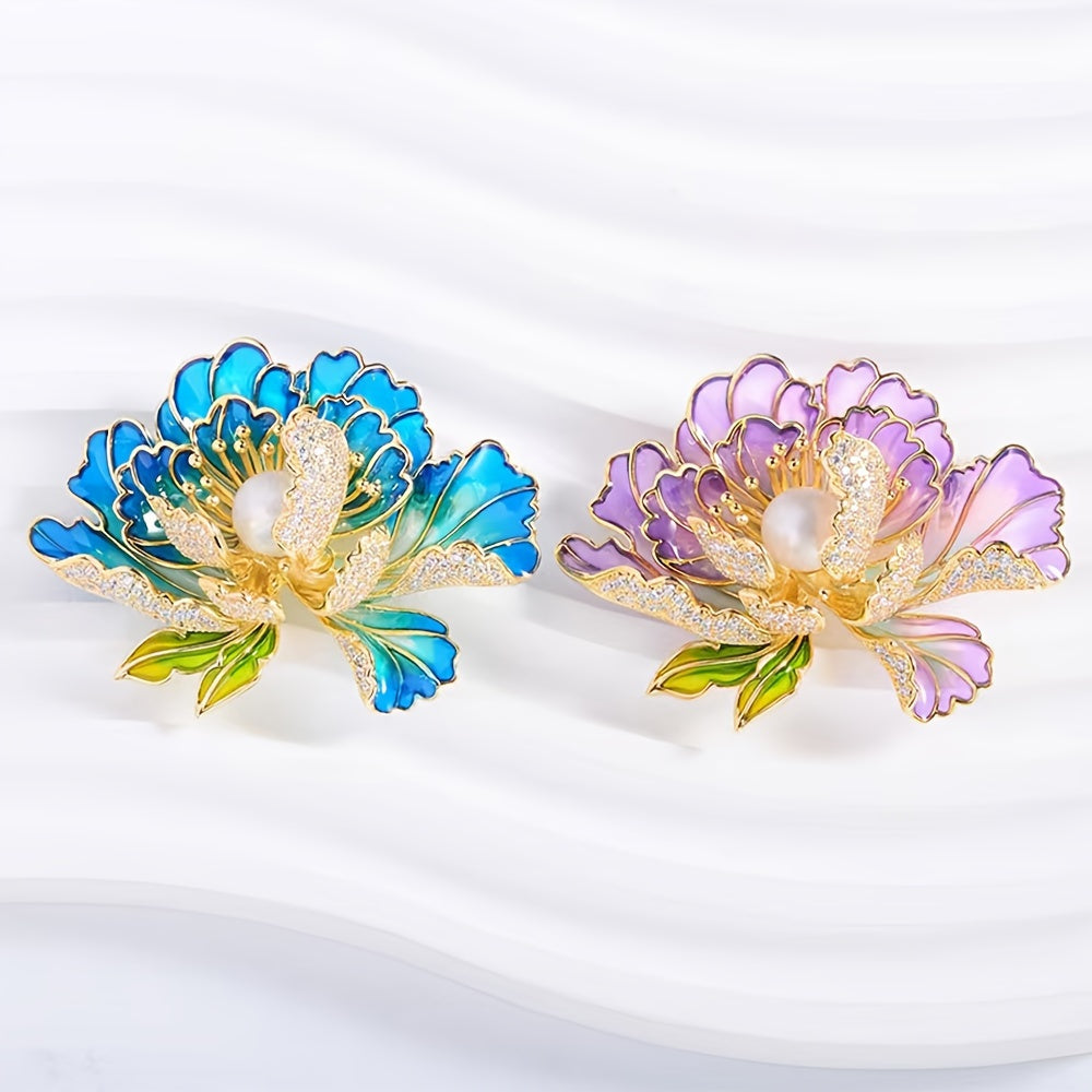Vintage Enamel Lotus Flower Brooch Faux Pearl Cloisonné Elegant Jewelry