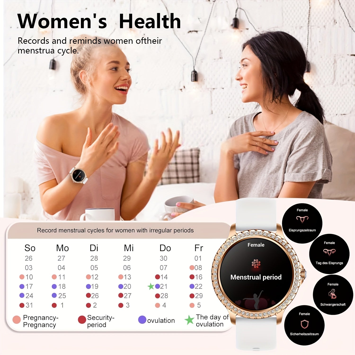 Women's Smartwatch with Wireless Call Message Notifications Fitness Sleep Cycle Tracking 1.32 Inch Touch Screen