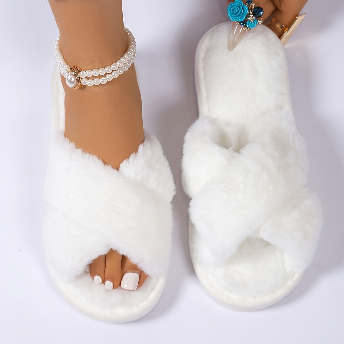 Women Plush Home Slippers All-Season Cross-Strap Black White
