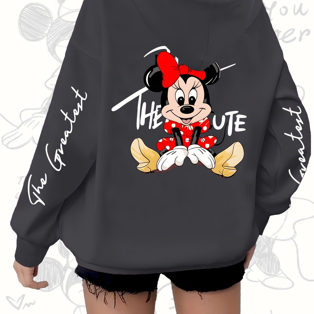 Women's Red Hoodie with Mickey Mouse Print Zip Casual Fall Winter