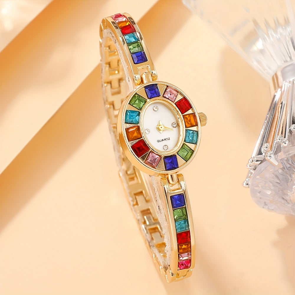 Women's Gold-Tone Watch with Colorful Rhinestones for Gift Occasions