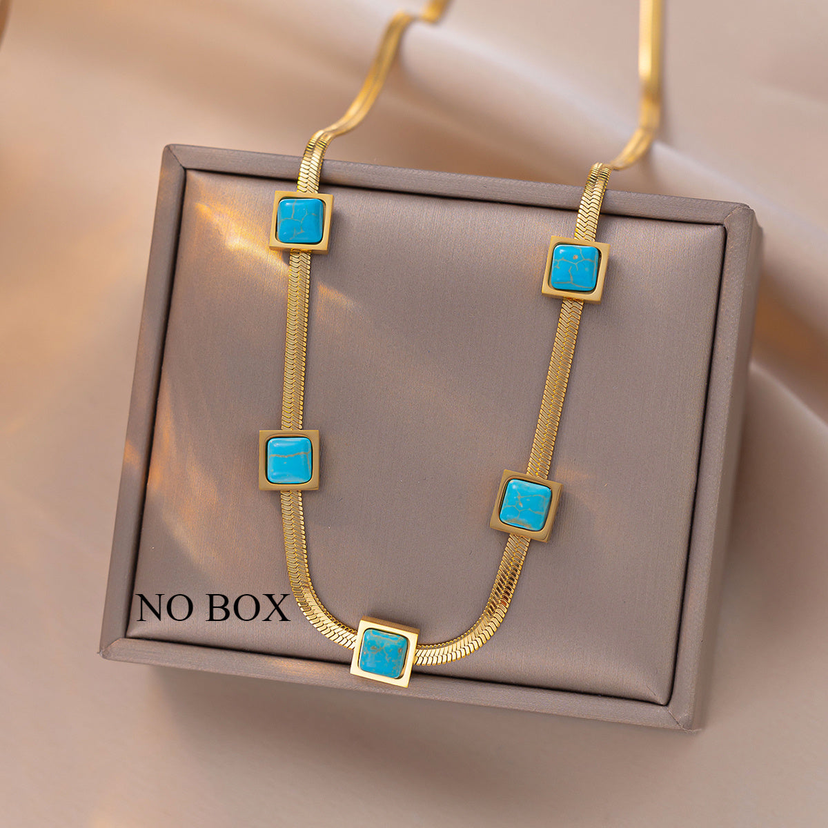 Gold Plated Square Pendant Necklace with Synthetic Turquoise for Women