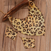 Retro Triangle Scarf with Sequins and False Collar Leopard Print Statement Necklace and Earrings for Women