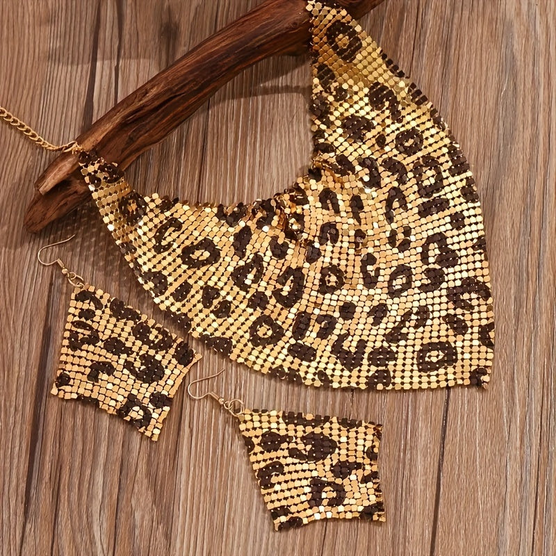 Retro Triangle Scarf with Sequins and False Collar Leopard Print Statement Necklace and Earrings for Women