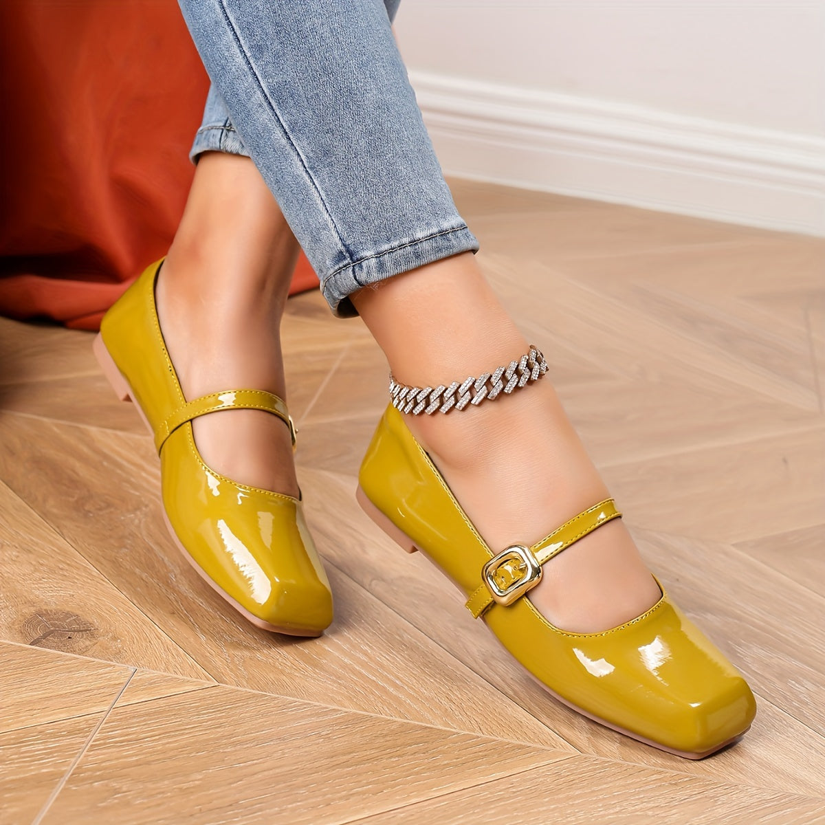 Women's Flat Shoes Mary Jane Square Toe Glitter Buckle Patent TPR Sole