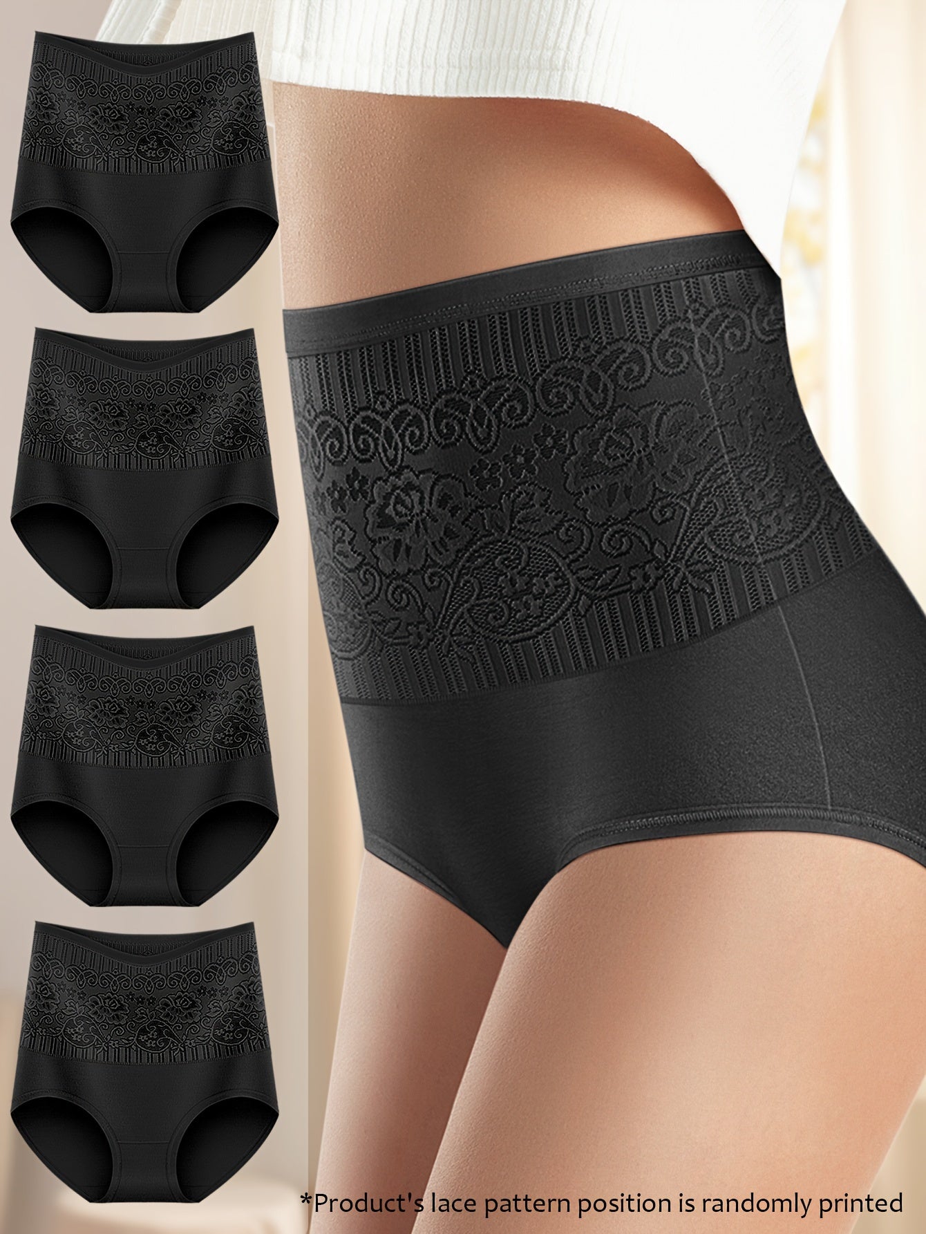 Women's High Waist Tummy Control Briefs 4 Pack Knit Fabric Elastane Random Print