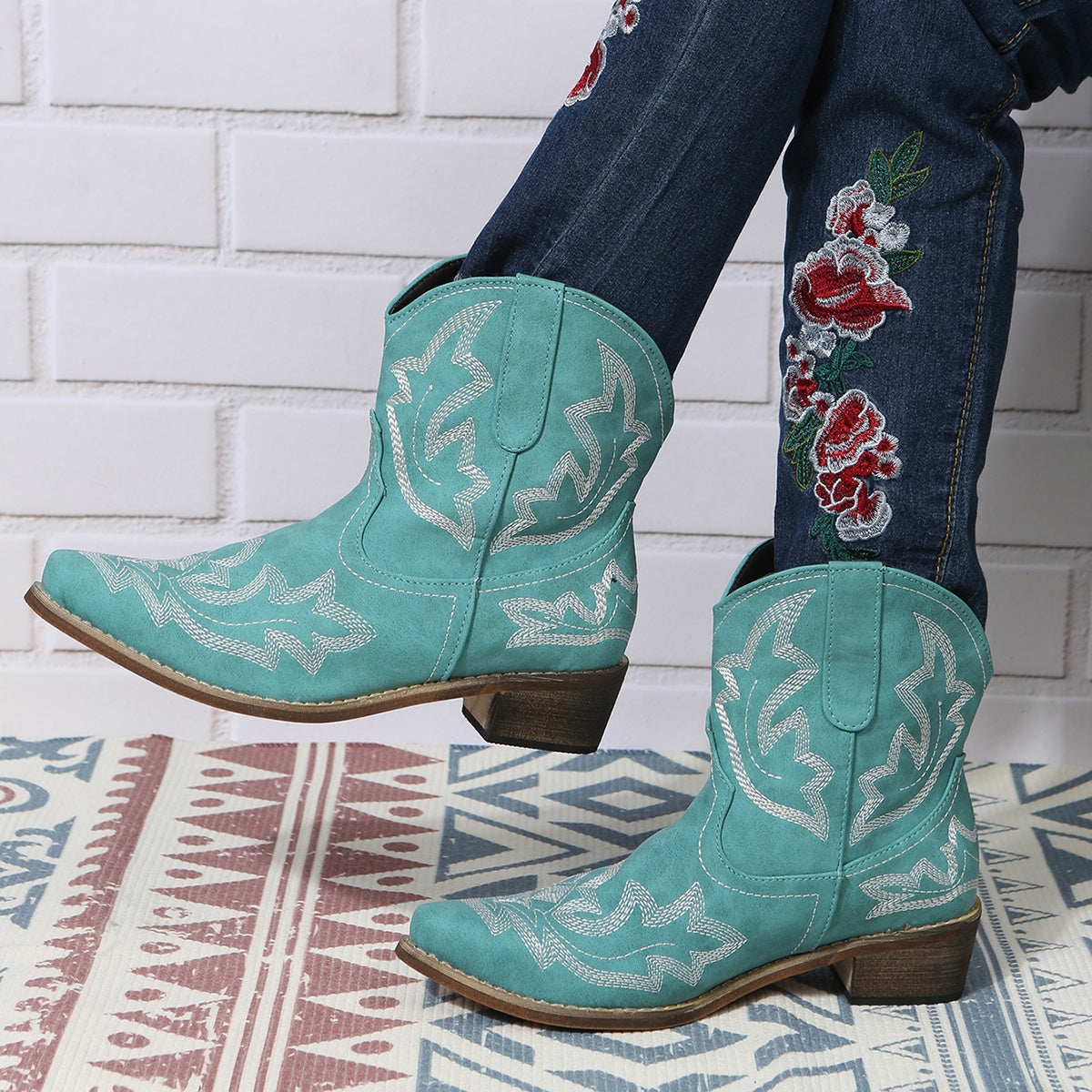 Women's Turquoise Embroidered Ankle Boots Faux Cover Pointed Toe Slip-On Chunky Mid Heel