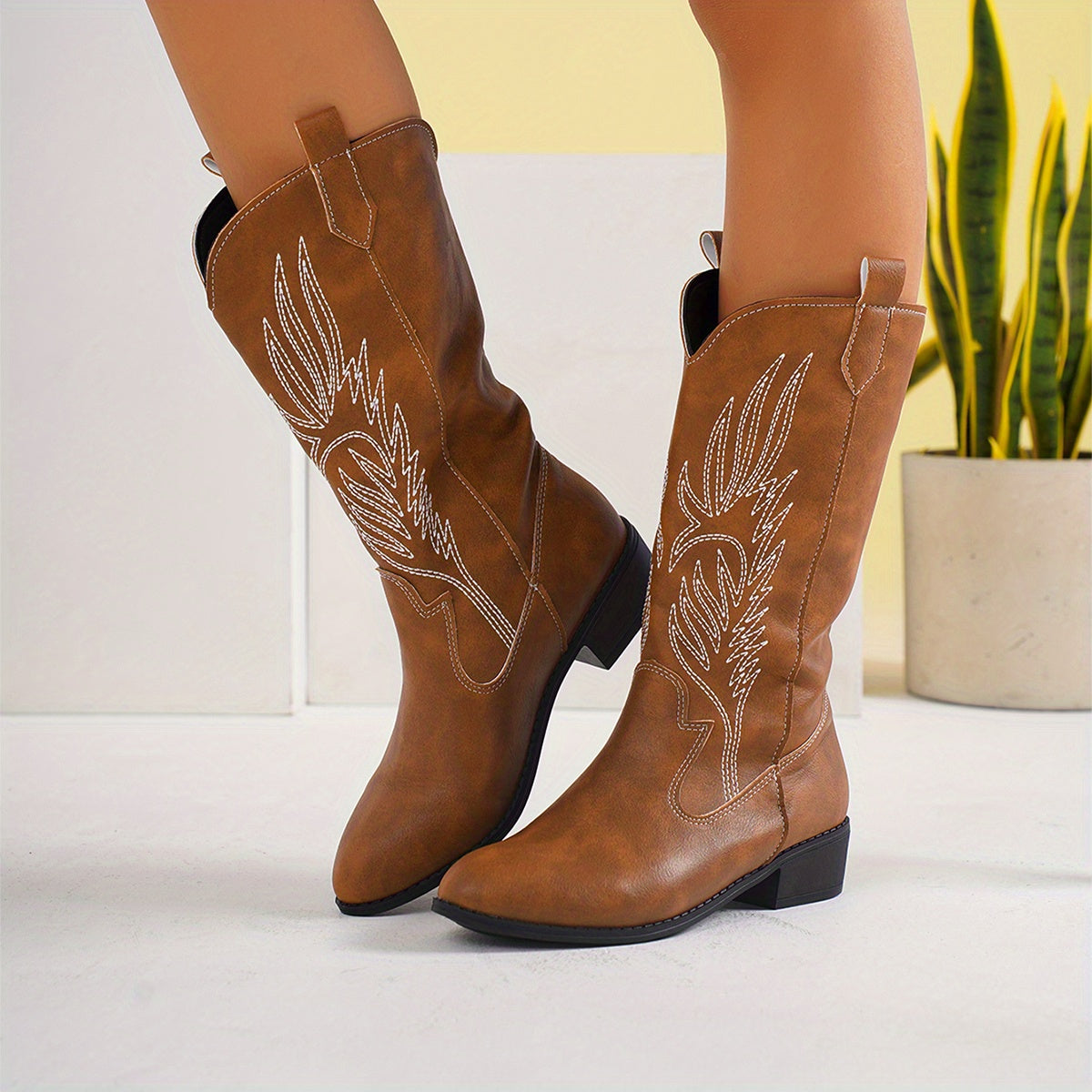 Women Slip-On Cowgirl Boots Light Brown Faux Leather Floral Embossed
