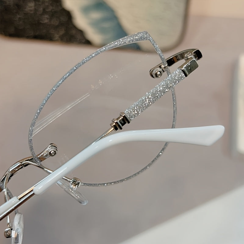 Women Cat Eye Photochromic Rimless Glasses with Blue Light Filter and Sparkling Sequins