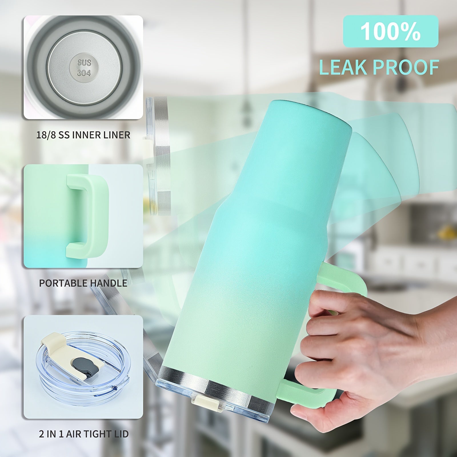 Vaso aislado de 30 oz/40 oz con asa y pajilla, a prueba de fugas, de acero inoxidable