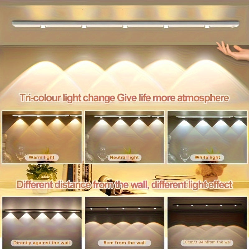 Rechargeable LED Strip Lights with Motion Sensor, 3-Color Dimming, USB Powered