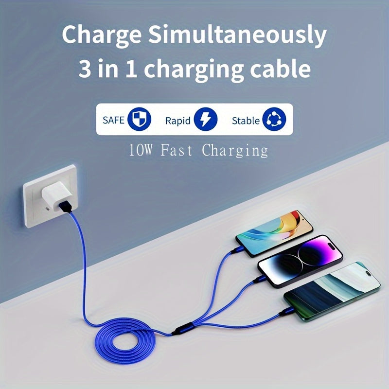 3-in-1 Naylon bilan to‘qilgan zaryadlash kabeli USB dan Lightning Type-C Micro USB gacha 149cm