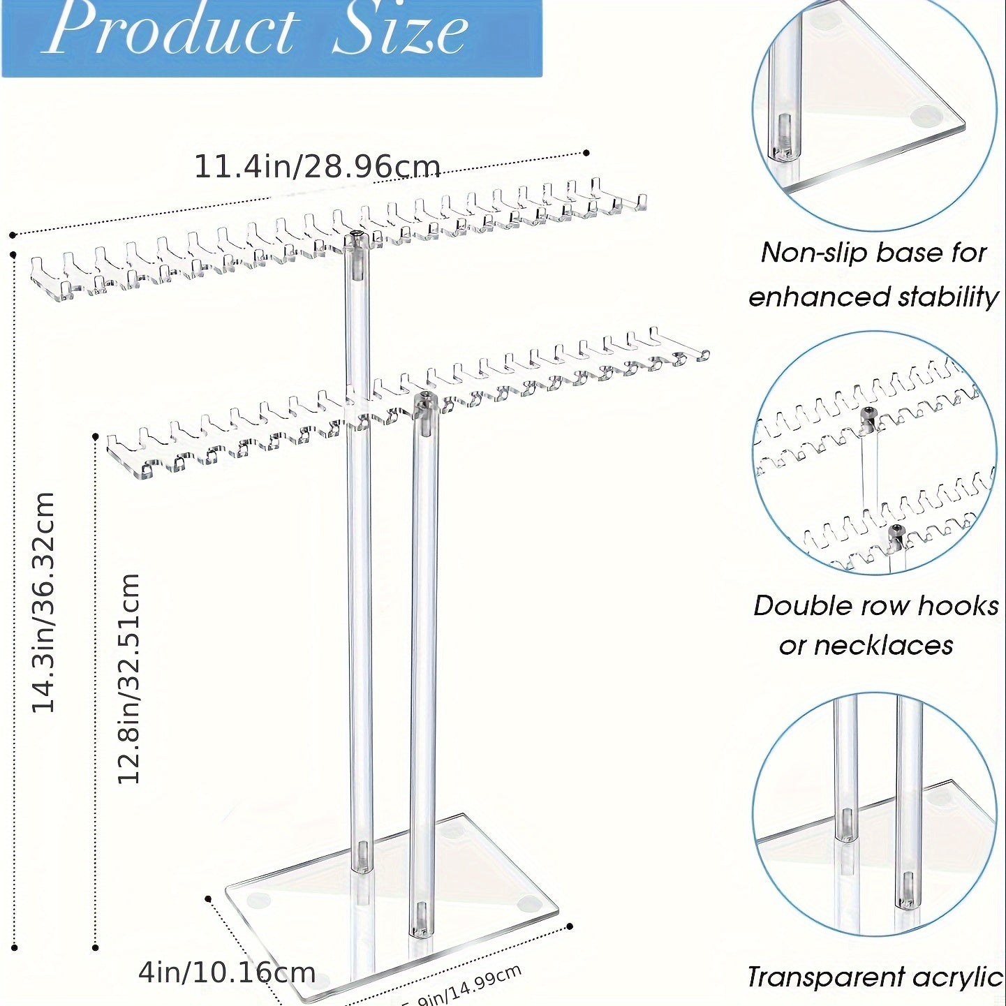 Acrylic Necklace Display Stand with Double-Sided Hooks Transparent Organizer for Jewelry