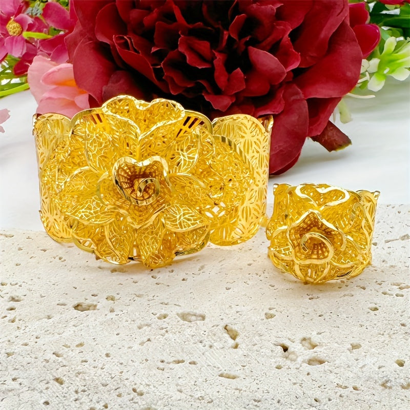 "Zarif Vintage Gul Bo'sh Ochiq Qulf Bilaguzuk va Halqa To'plami, Ayollar uchun 24K Oltin bilan Hashamatli Qoplangan. To'y Partiyalari uchun Mukammal Mis Guli Zargarlik, Toshlarisiz O'zgartiriladigan O'rta Sharq Dubay Uslubi. Har Mavsum uchun Ideal, "