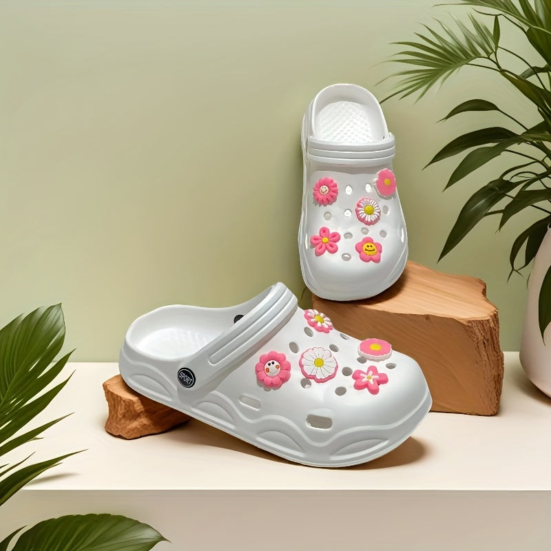 Women's Summer Clogs With Pink Flower Accessories Slip-On Comfortable Beach Daily