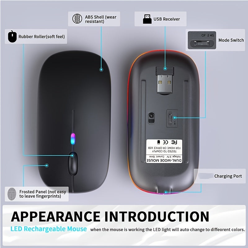 Rechargeable Wireless LED Mouse for Laptops and Desktops Dual-Mode Wireless or USB Optical Ambidextrous Silent Portable