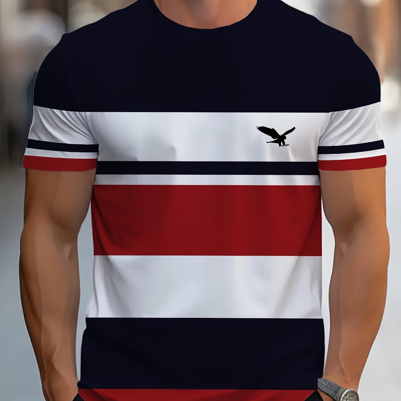 Camiseta de hombre de poliéster a rayas, cuello redondo, manga corta, casual, verano, transpirable, impresión digital