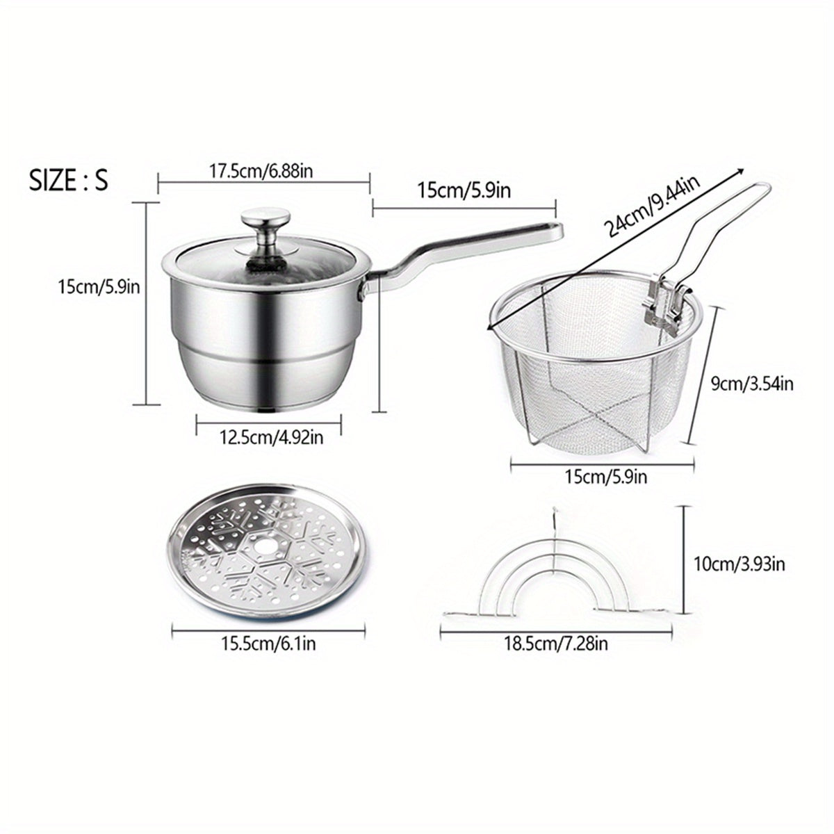 Set of 4 Stainless Steel Deep Frying Pans with Strainer Insert Cookware Set for Home Kitchen