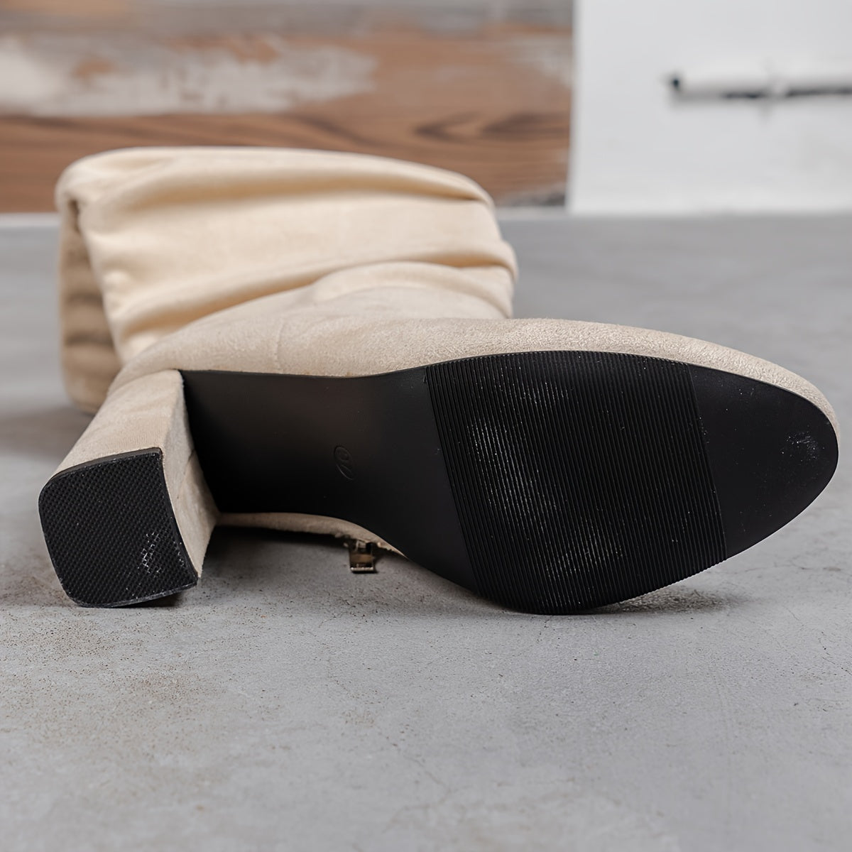 Women's Beige Mid-Calf Boots With Side Zipper and Chunky Heel