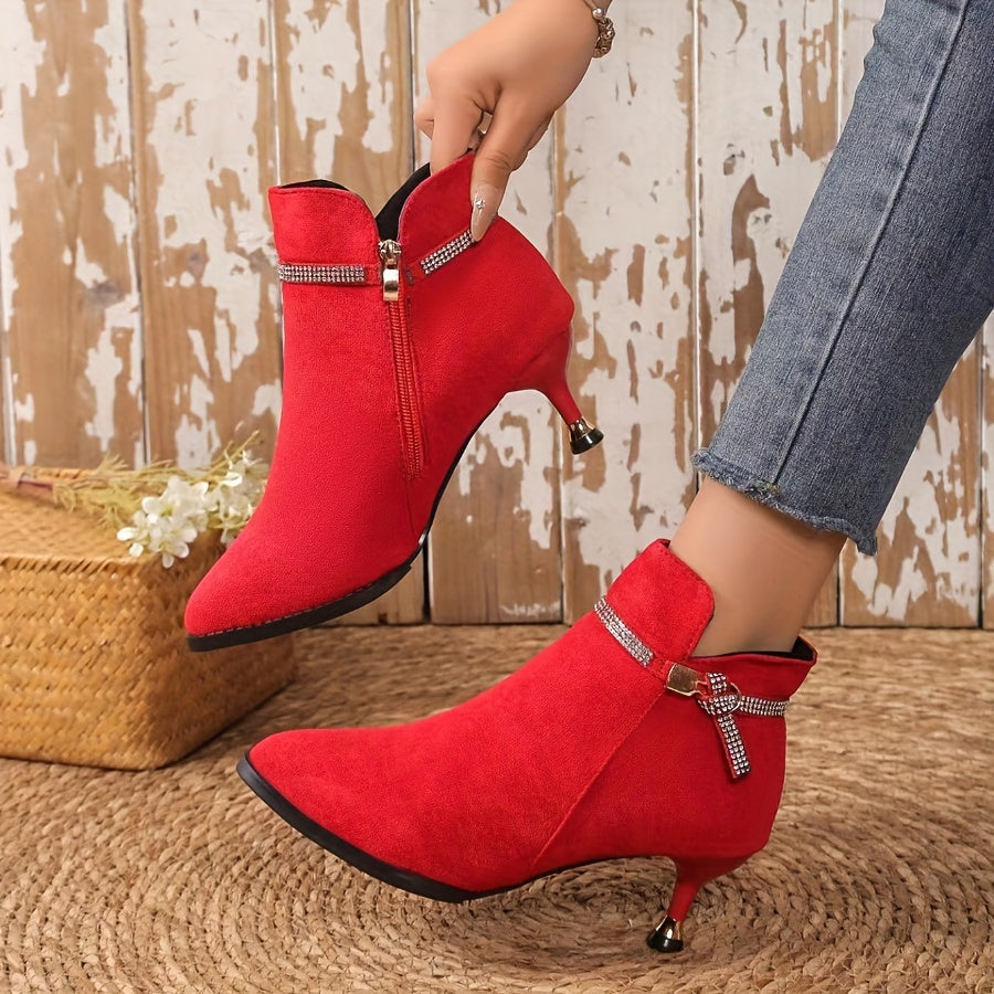 Women's Velour Metal Buckle Ankle Boots with Pointed Mid-Heels