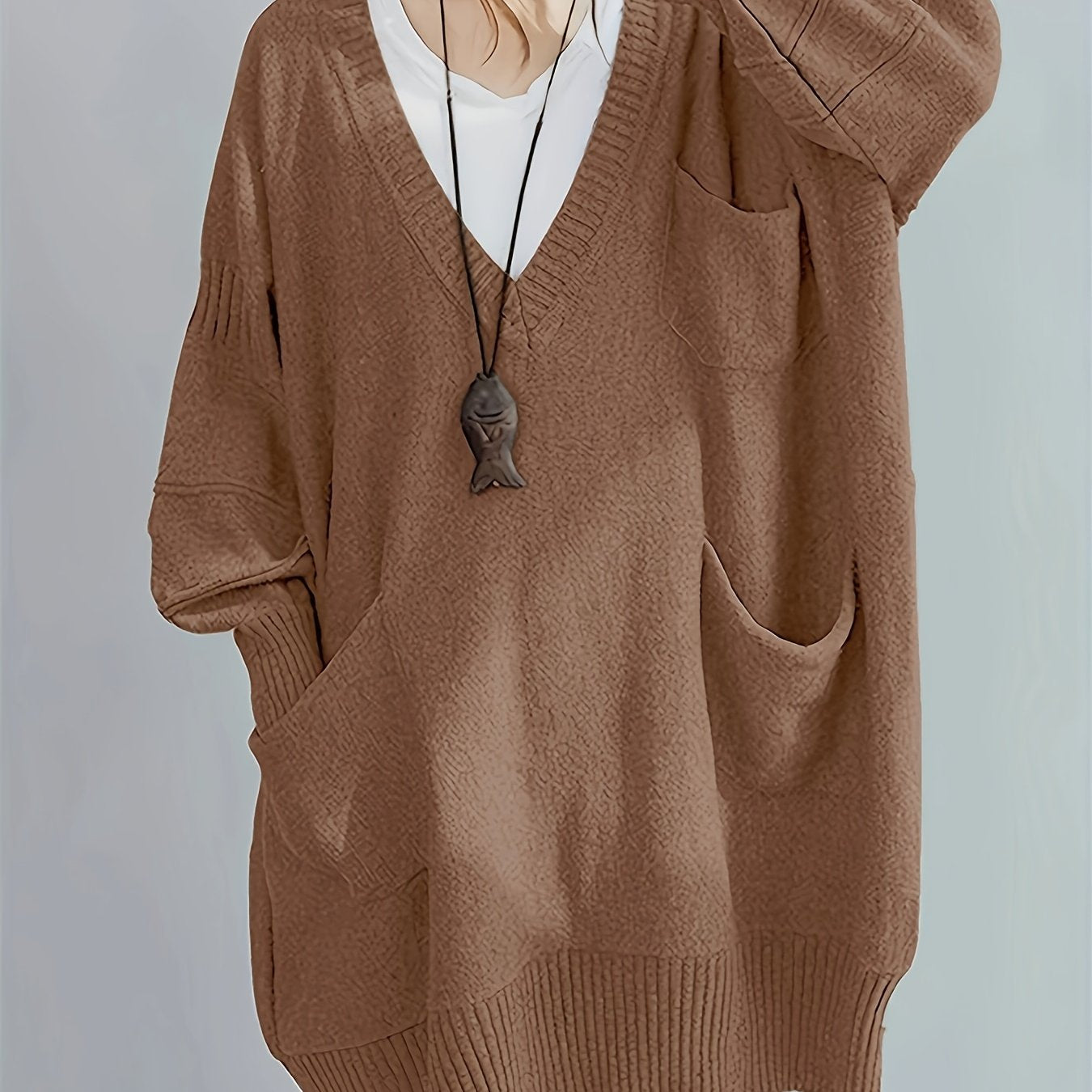 Plus Size Women's V-Neck Oversized Sweater Black Longline Casual Pullover