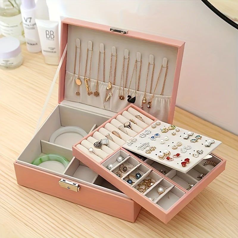 Caja de almacenamiento para joyas para pendientes, anillos y collares con doble capa y cerradura