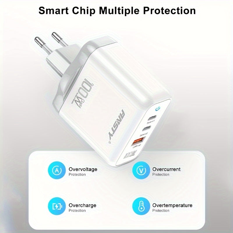 ANSTY GaN 3-Port Tez Zaryadlovchi Samsung va iPhone uchun, Umumiy Moslik, Type C Ulanishi