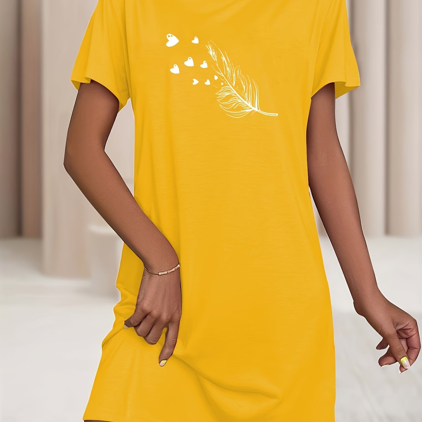 Women's Heart Pattern Sleep Dress Soft Stretchy Short Sleeve Nightgown